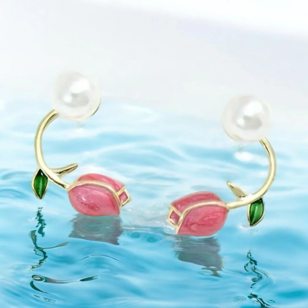 Stunning One Pair of Gold‎ Plated Elegant Pink Rose White Bead Ear Stud Earrings